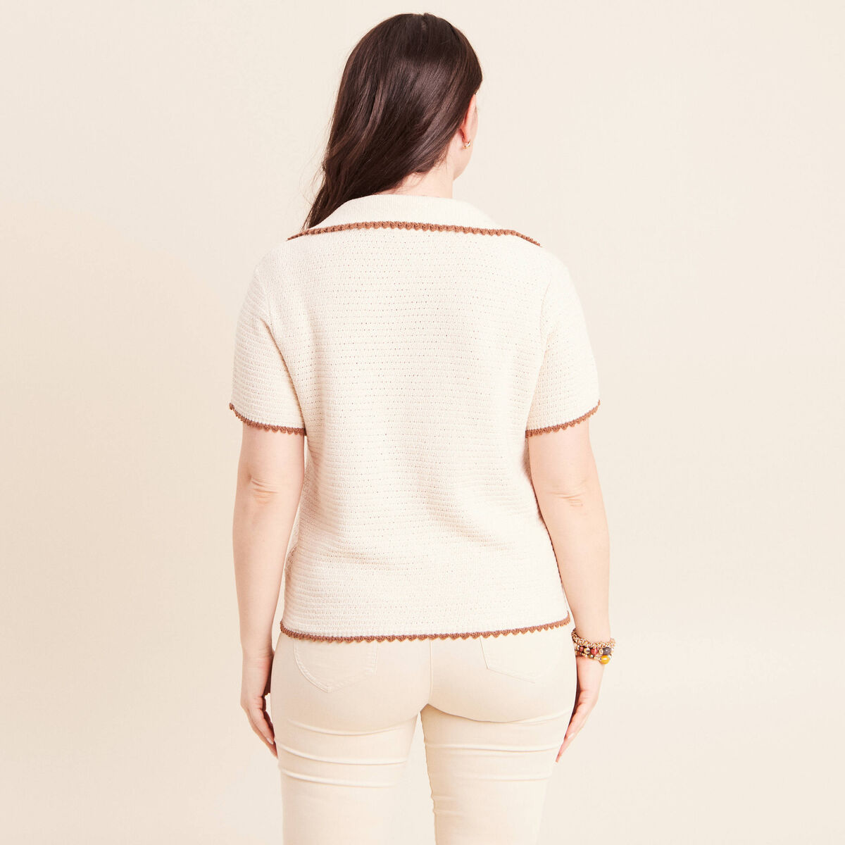 Pull col chemise manches courtes ecru femme