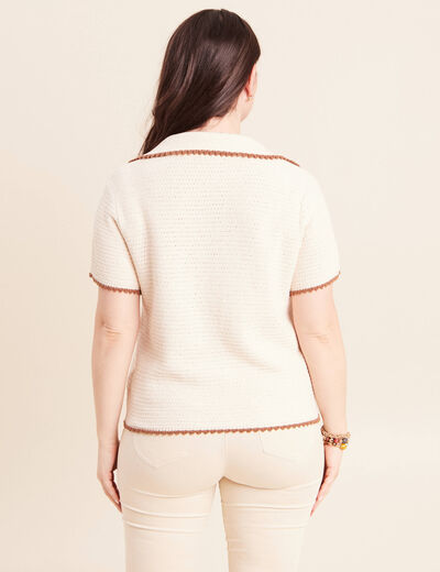 Pull col chemise manches courtes ecru femme