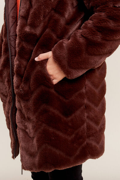 Manteau fausse fourrure réversible marron foncé femme