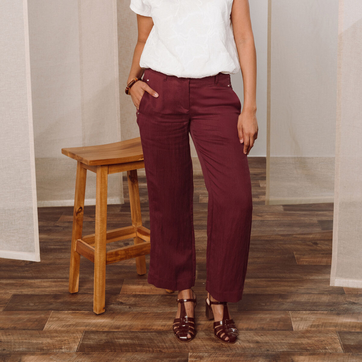 Pantalon large 7/8&egrave;me ceintur&eacute; prune femme