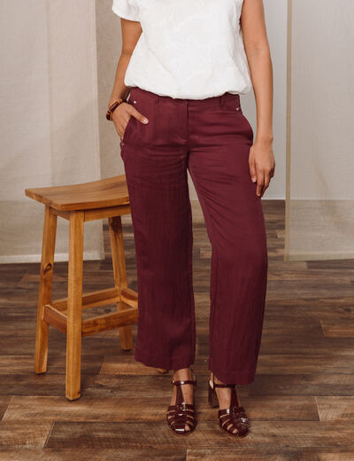 Pantalon large 7/8&egrave;me ceintur&eacute; prune femme