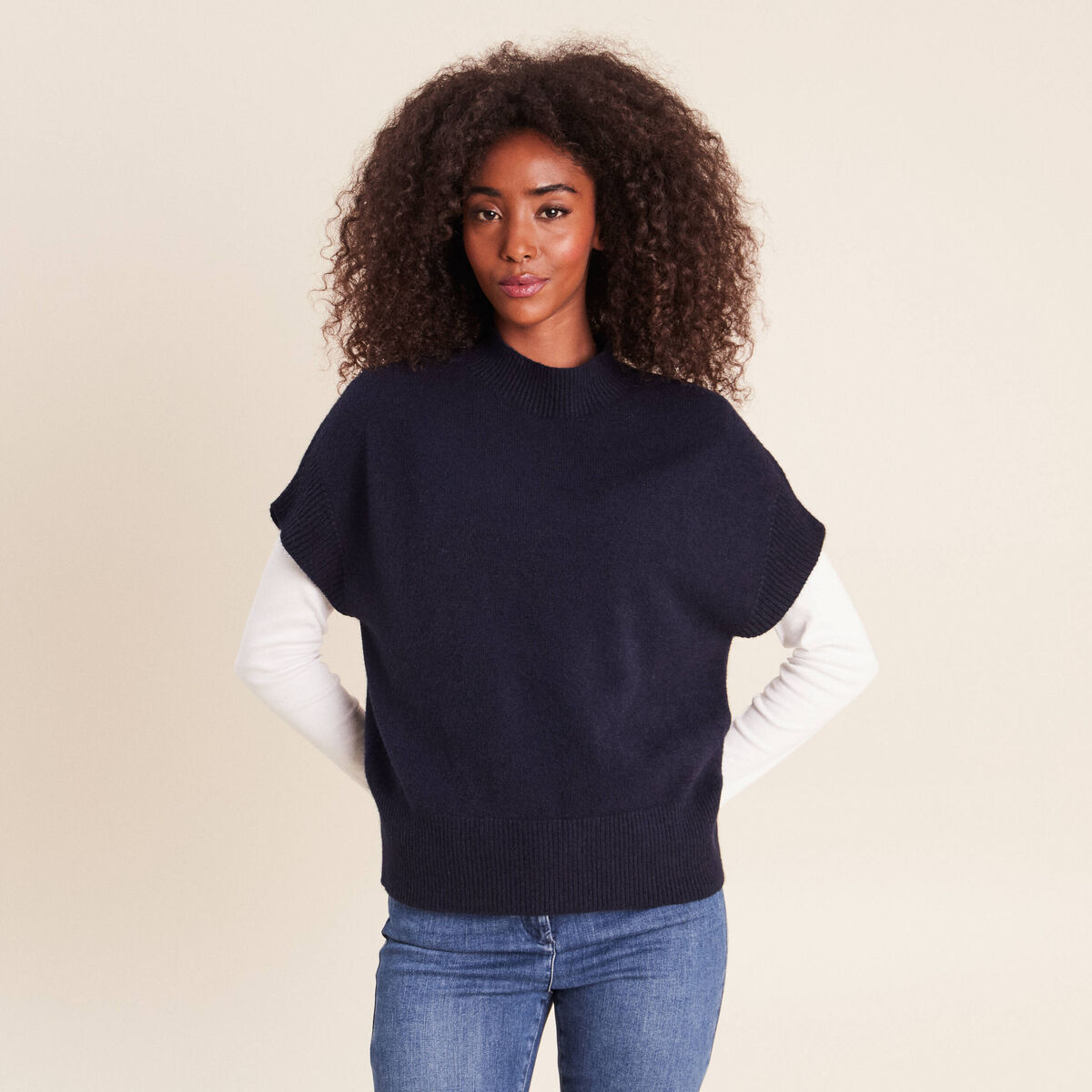Pull col montant bleu marine femme