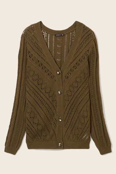 Gilet ajouré manches longues vert olive femme