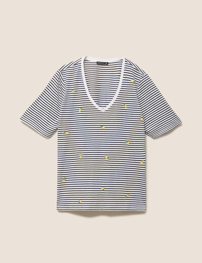 T-shirt droit broderie manches courtes bleu femme