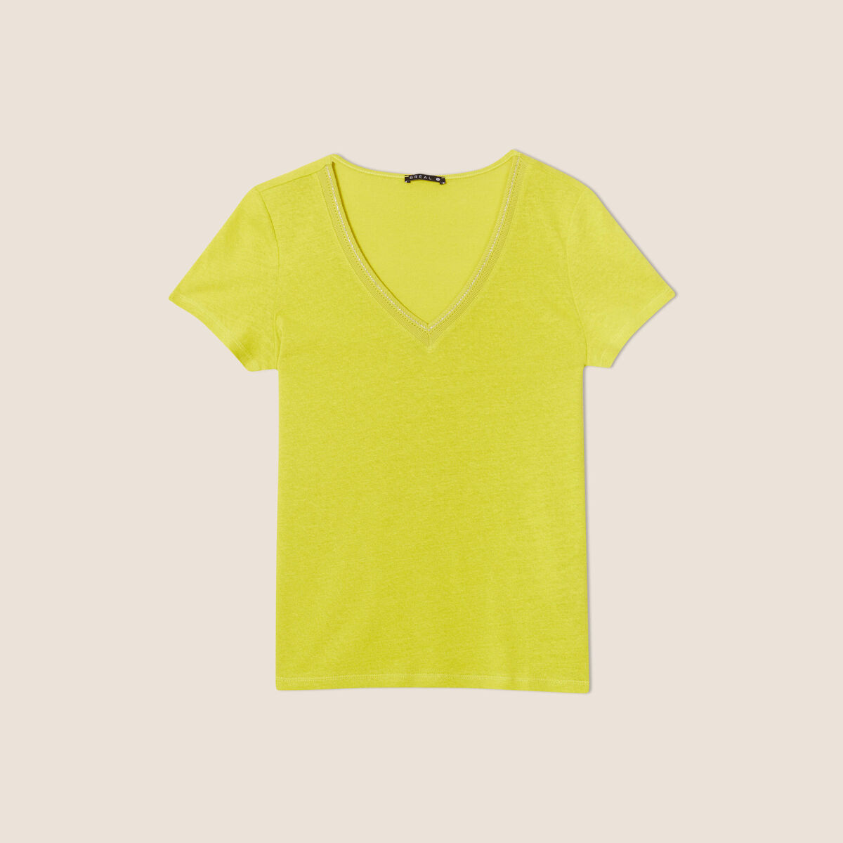 T-shirt manches courtes col en V vert anis femme
