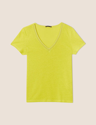 T-shirt manches courtes col en V vert anis femme