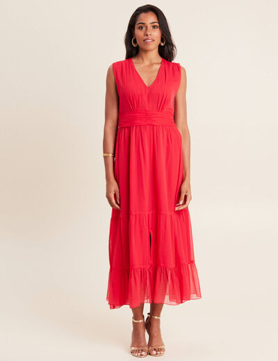 Robe longue évasée volants rouge femme
