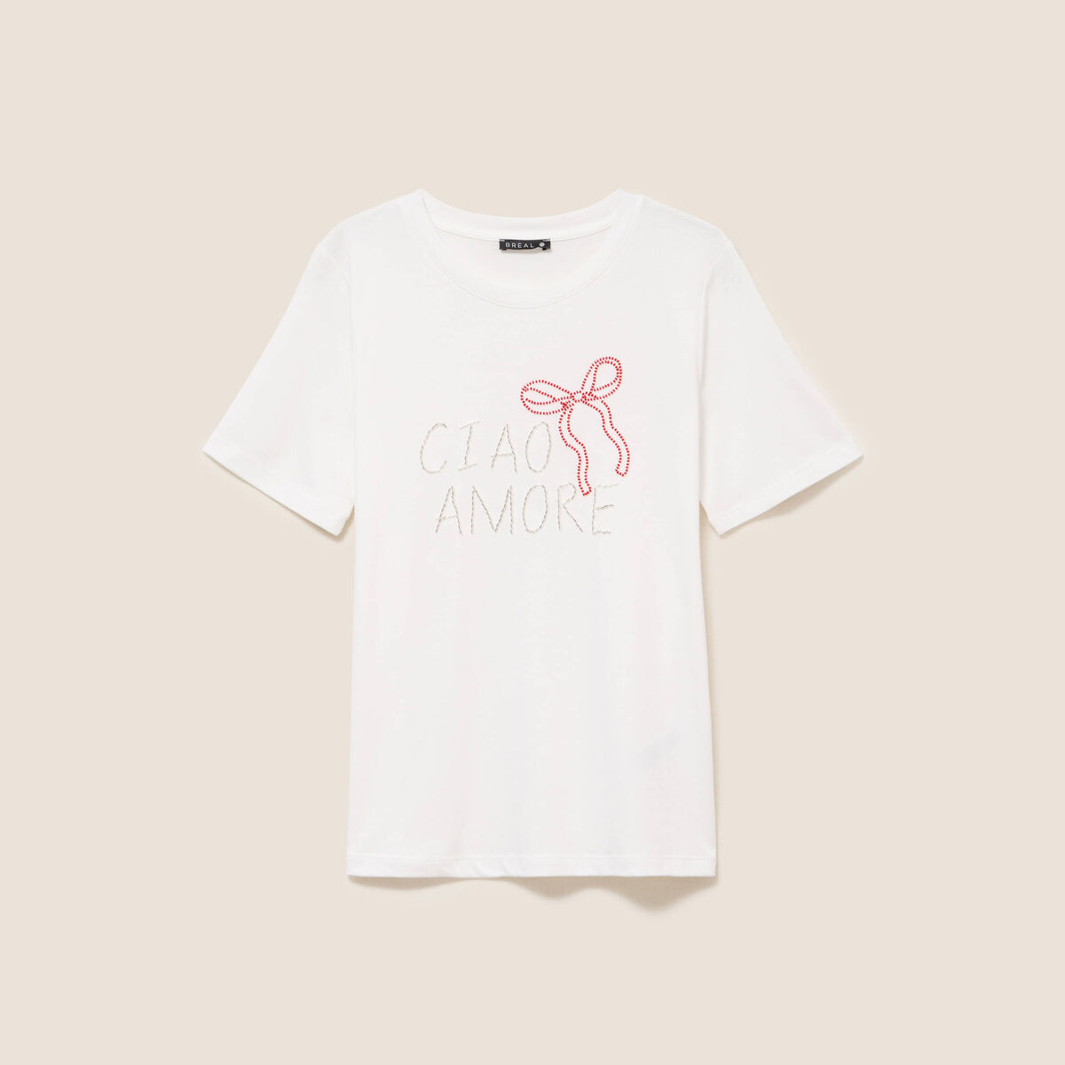 T-shirt col rond manches courtes brod&eacute; ecru femme