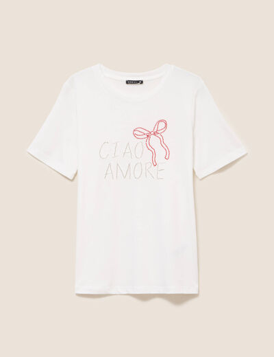 T-shirt col rond manches courtes brod&eacute; ecru femme