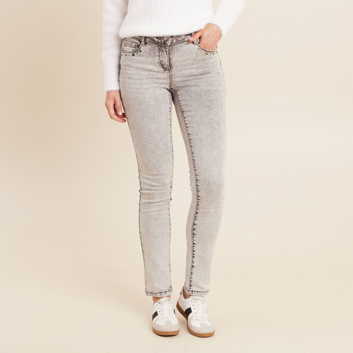Jean ajust&eacute; taille bascul&eacute;e denim snow gris femme
