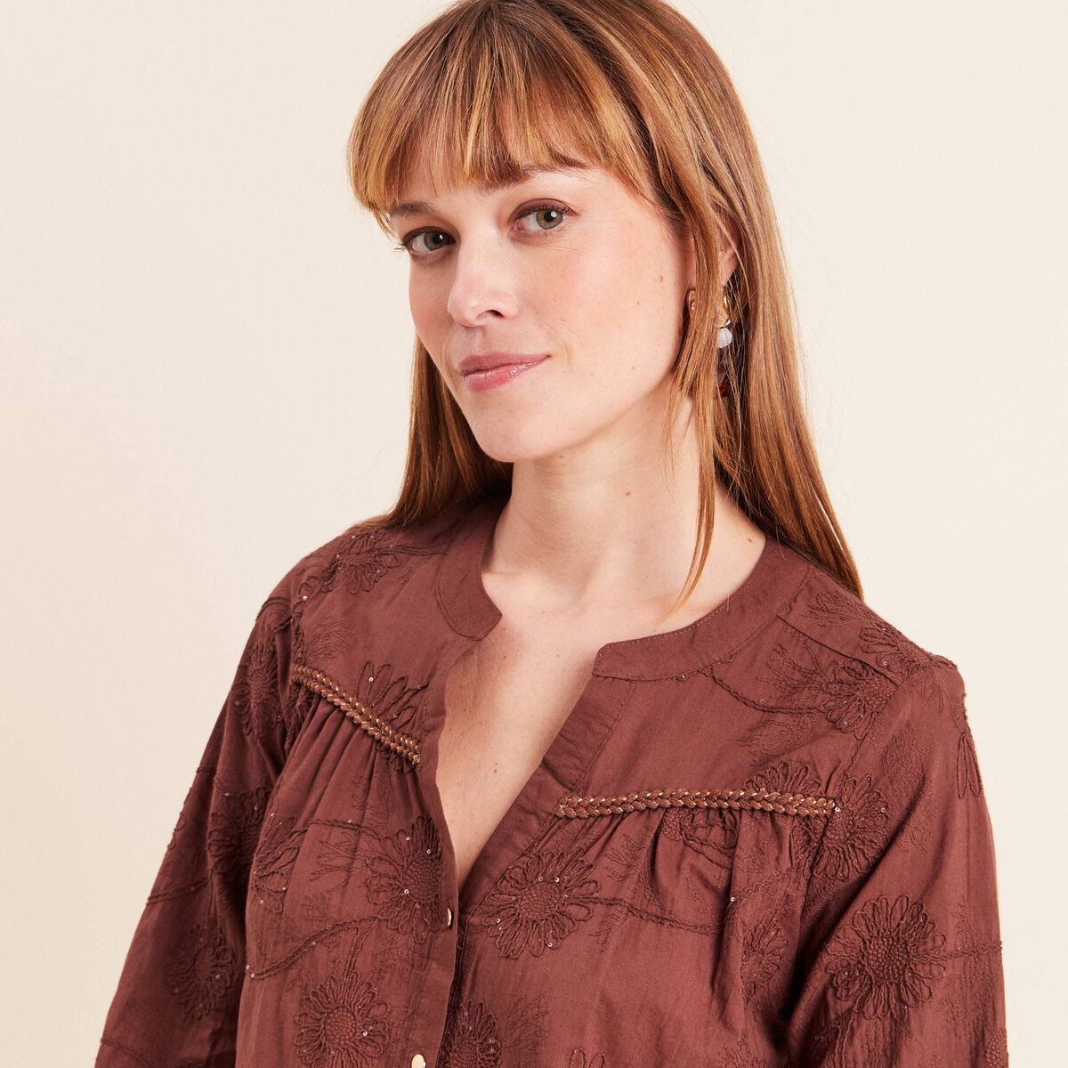 Blouse col tunisien manches 3/4 taupe femme