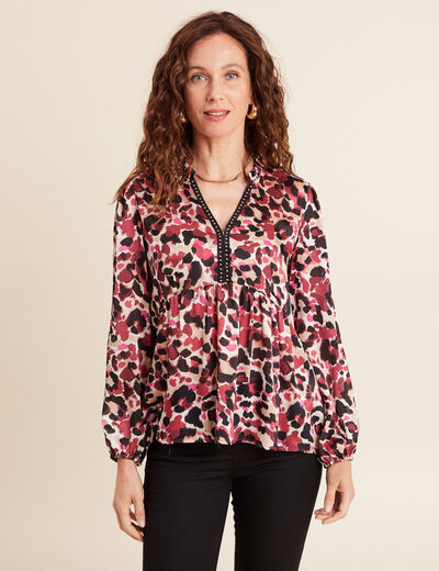Blouse satinée col tunisien rose femme