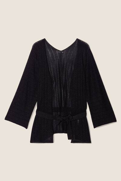 Gilet style kimono ceinturé noir femme