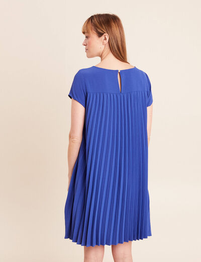 Robe courte &eacute;vas&eacute;e pliss&eacute;e col rond bleu fonc&eacute; femme