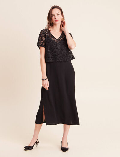 Robe longue &eacute;vas&eacute;e 2 en 1 col rond noir femme