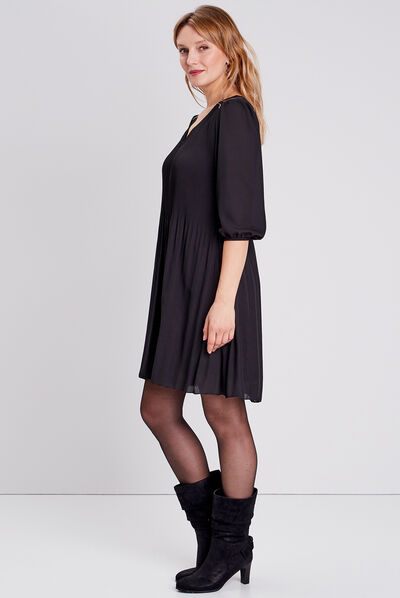 Robe droite plissée noir femme
