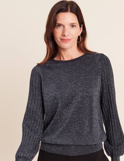 Pull cintr&eacute; col rond manches longues bleu fonc&eacute; femme