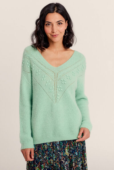 Pull manches longues col en V vert fluo femme