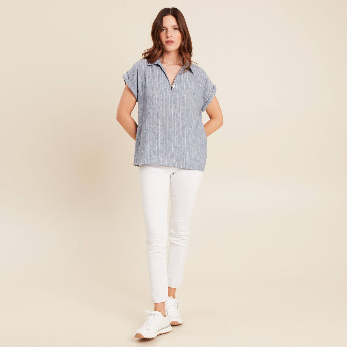 Blouse manches courtes fluide bleu femme