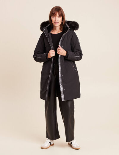 Parka d&eacute;perlante &agrave; capuche noir femme