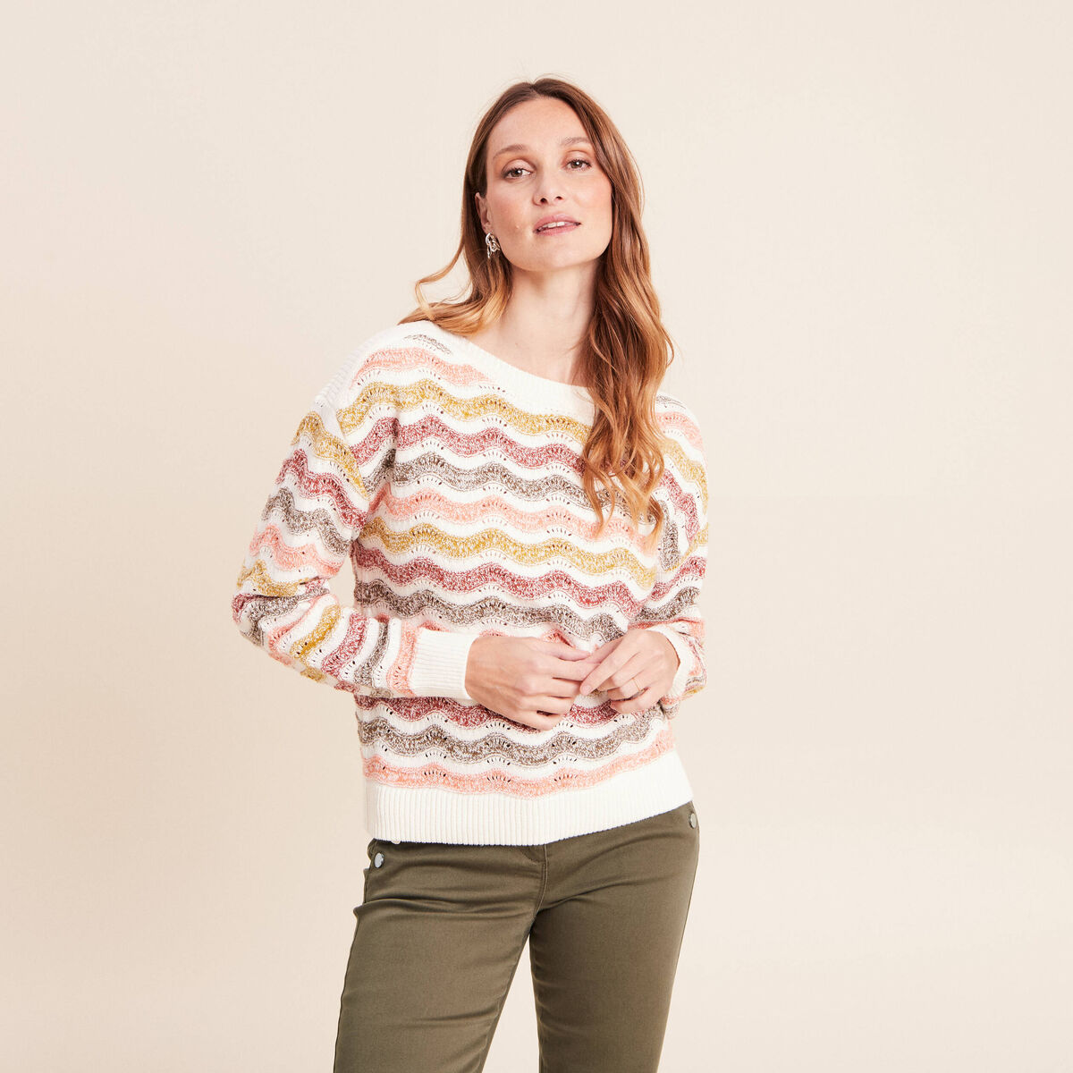 Pull col bateau manches longues vert femme