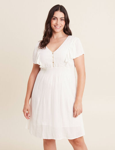Robe droite fluide smockée ecru femme