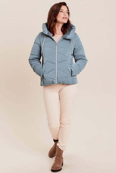 Doudoune droite à capuche bleu canard femme