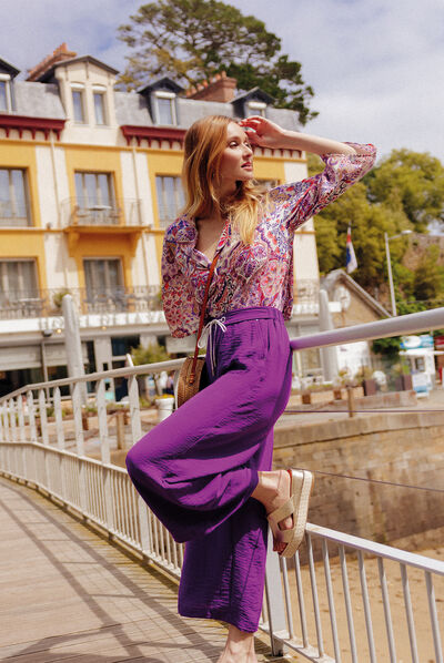 Pantalon large fluide violet foncé femme