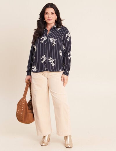 Chemisier droit manches longues fluide bleu marine femme