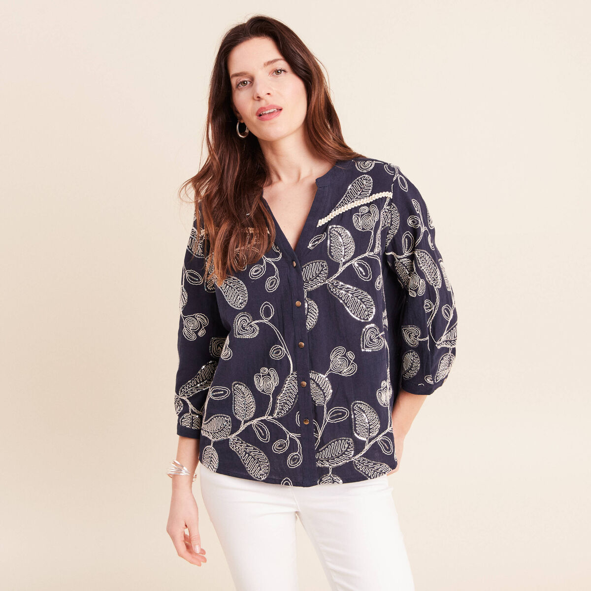 Blouse col tunisien manches 3/4 bleu femme