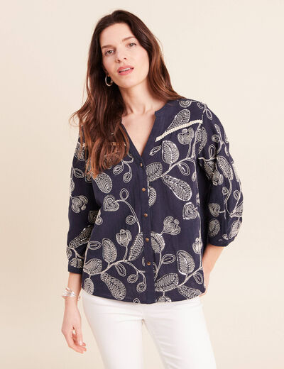 Blouse col tunisien manches 3/4 bleu femme