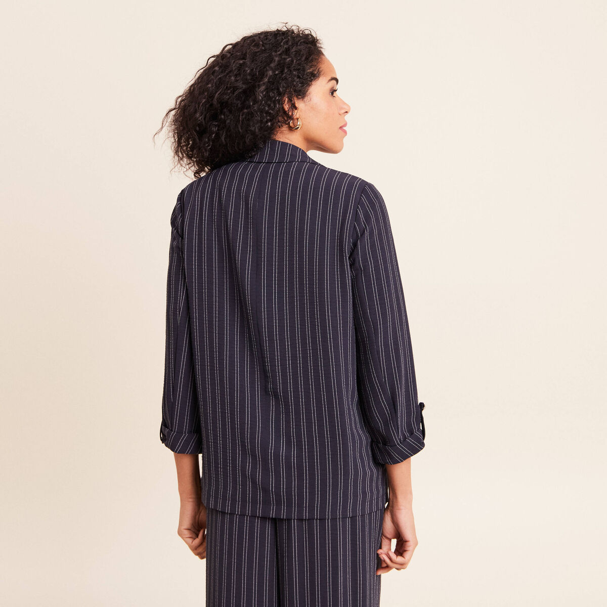 Veste longue droite col tailleur bleu femme