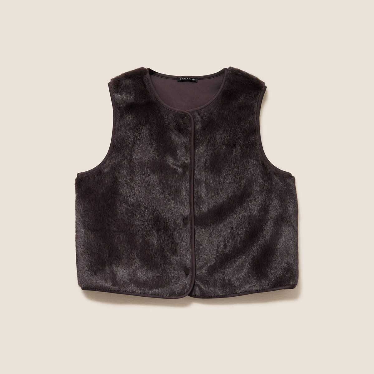 Gilet droit sans manches fausse fourrure marron fonc&eacute; femme