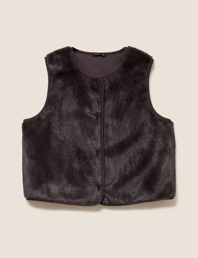 Gilet droit sans manches fausse fourrure marron fonc&eacute; femme