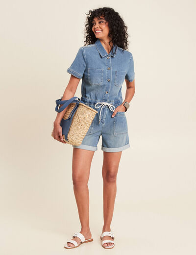 Combishort en jean denim double stone femme