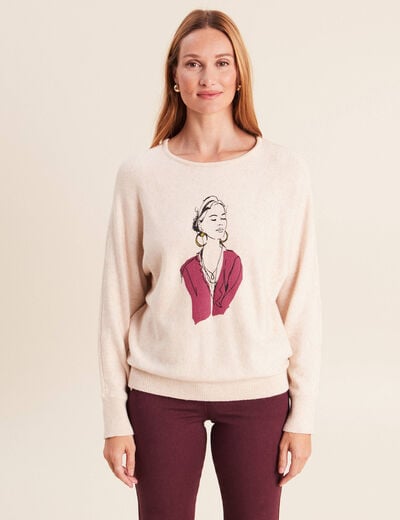 Pull col rond manches longues beige femme