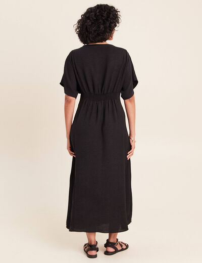 Robe longue &eacute;vas&eacute;e col v manches coudes noir femme