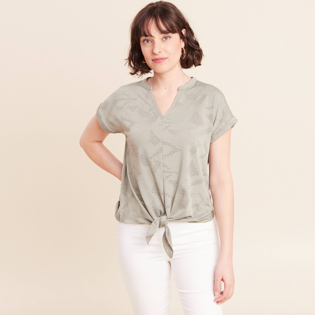 T-shirt col tunisien manches courtes vert clair femme