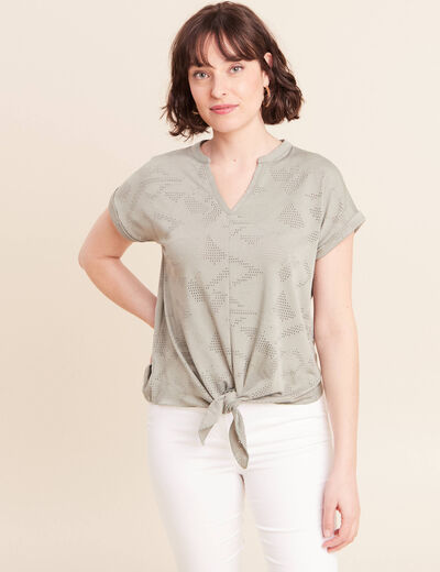 T-shirt col tunisien manches courtes vert clair femme