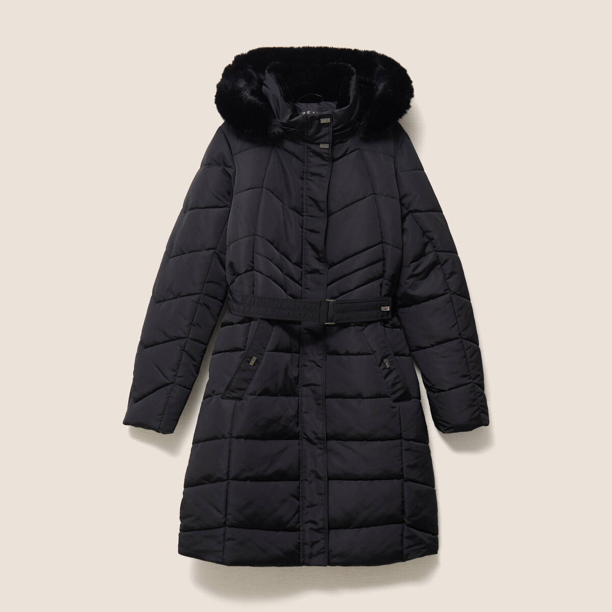 Doudoune cintr&eacute;e &agrave; capuche doubl&eacute;e noir femme