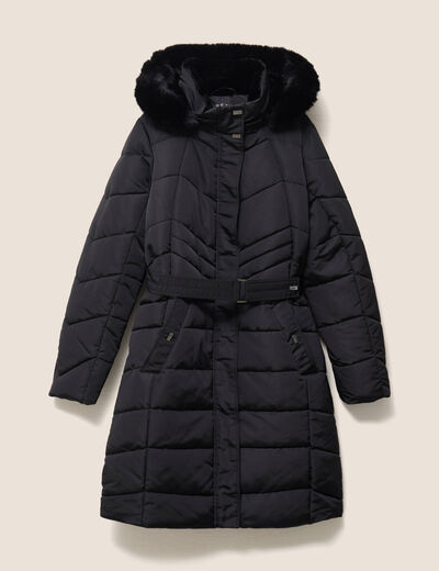 Doudoune cintr&eacute;e &agrave; capuche doubl&eacute;e noir femme