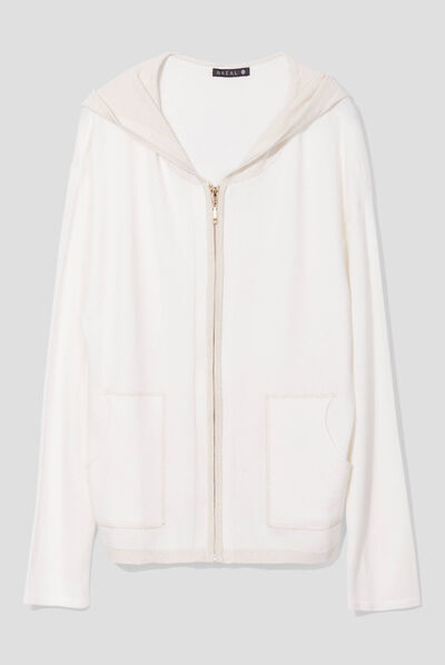 Gilet manches longues à capuche ecru femme