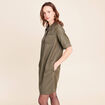 Robe droite courte enduite col chemise vert kaki femme