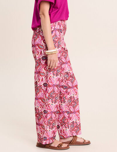Pantalon large taille haute rose corail femme