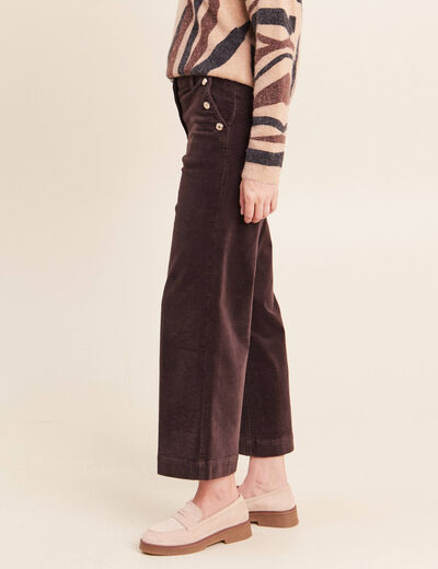 Pantalon large velours c&ocirc;tel&eacute; marron fonc&eacute; femme
