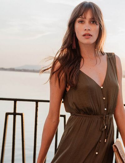 Robe midi évasée satin vert kaki femme