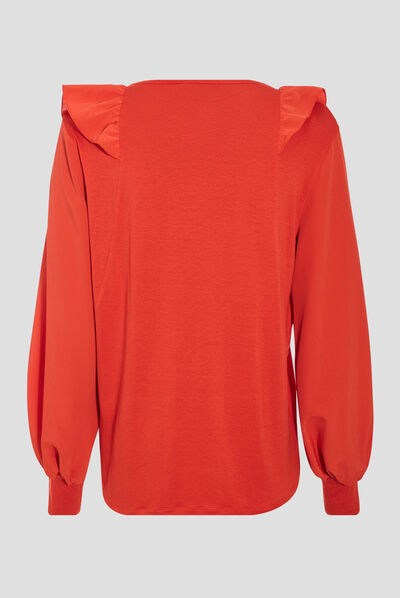 T-shirt manches longues rouge corail femme
