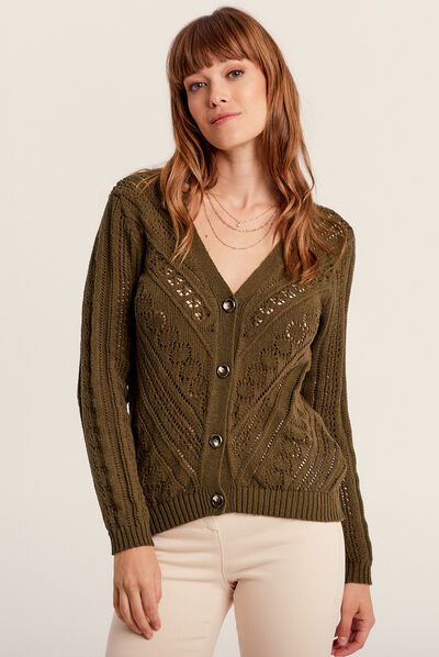Gilet ajouré manches longues vert olive femme