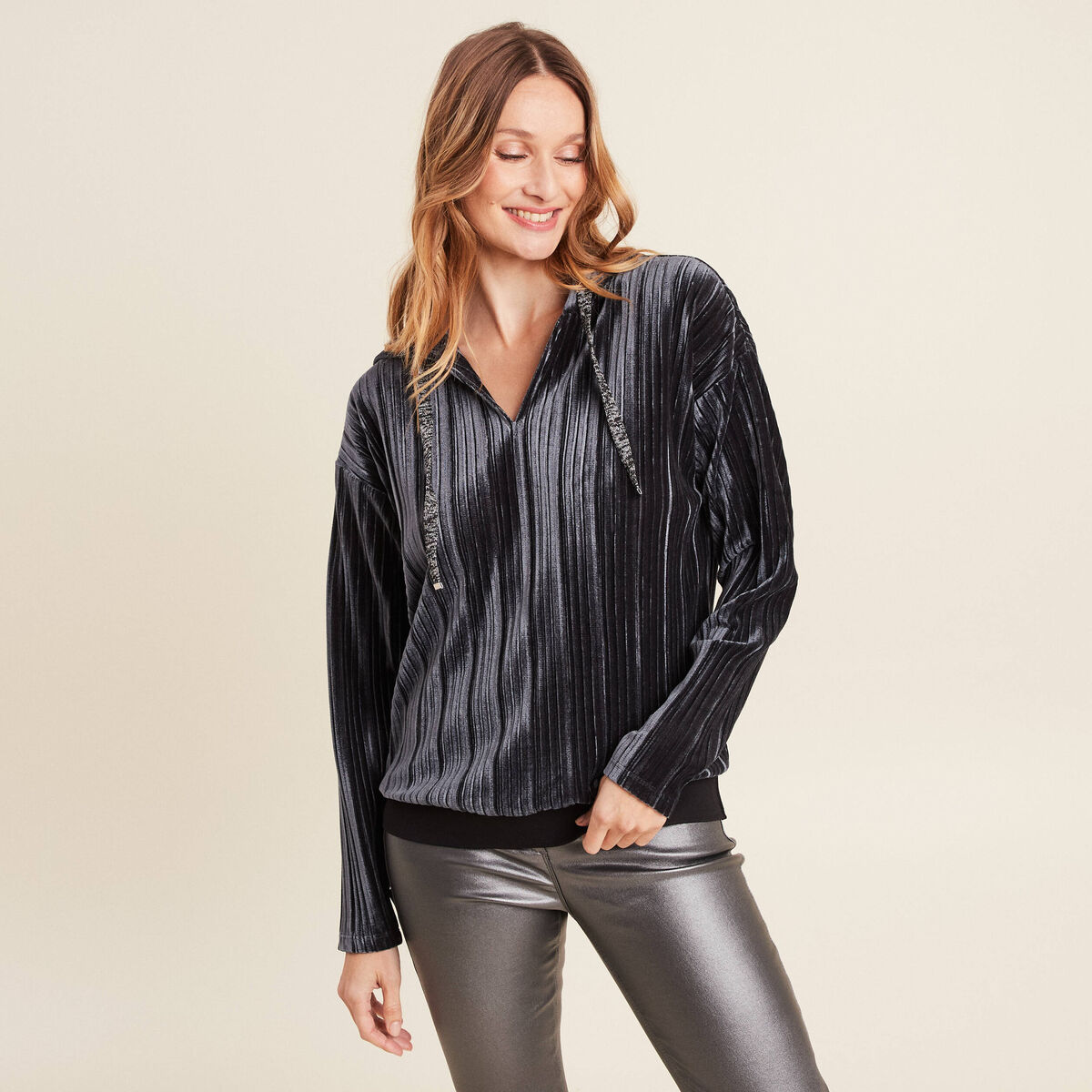 Sweat manches longues pliss&eacute; gris argent femme