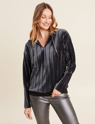 Sweat manches longues pliss&eacute; gris argent femme